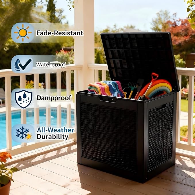 Storage Chest, 30 Gallon Deck Box for Garage Organization, Indoor Home Storage & Holiday Decor, Lockable Waterproof Resin Box for Patio Cushions, Garden Tools