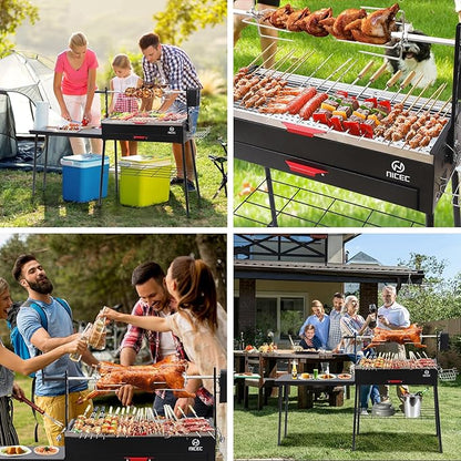 Nice C Portable Charcoal Grill, Rotisserie, Detachable Table, Stainless Steel, Black, Outdoor, Freestanding, Manual Rotisserie