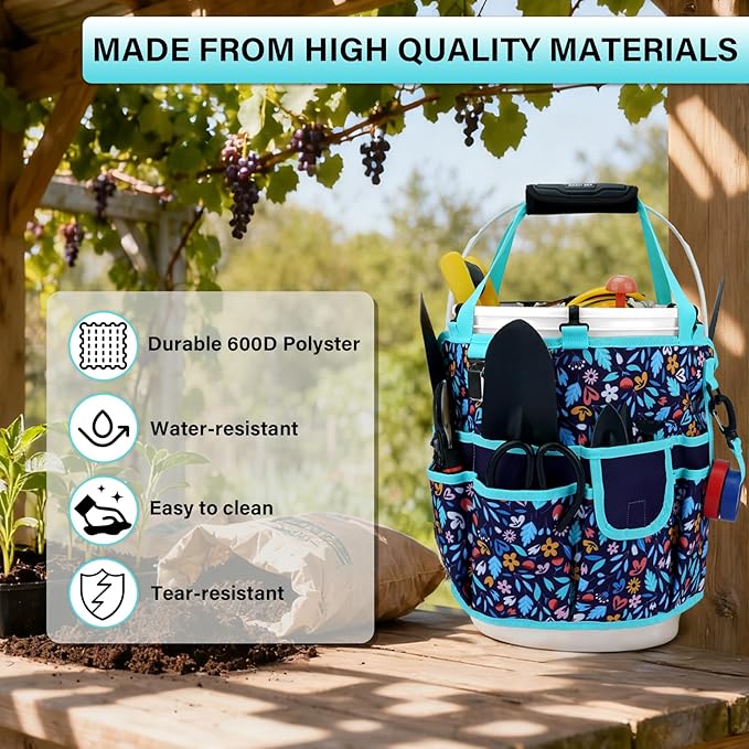 KUNN Bucket Tool Organizer 5 Gallon with Hangable Handle 18-Pocket Detachable Bucket Bag for Tools, Garden Caddy Tote with Pockets, Heavy Duty 600D Polyester Gardening Accessory,Blue