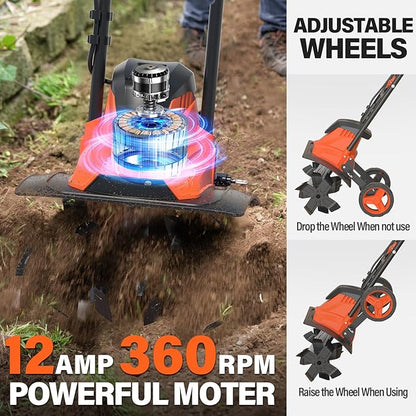 MAXLANDER Electric Tiller Cultivator, 14 Inch 12 Amp Corded Tiller for Gardening with Foldable Handle, 4 Steel Tines, Garden Rototiller with Wheels for Lawn Yard Soil Cultivation