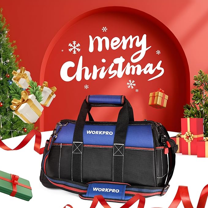 WORKPRO 16-inch Wide Mouth Tool Bag, Heavy Duty Cloth Tool Storage Bag with Water Proof Molded Base, Adjustable Shoulder Strap