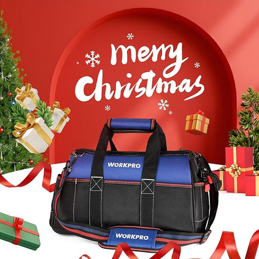 WORKPRO 16-inch Wide Mouth Tool Bag, Heavy Duty Cloth Tool Storage Bag with Water Proof Molded Base, Adjustable Shoulder Strap