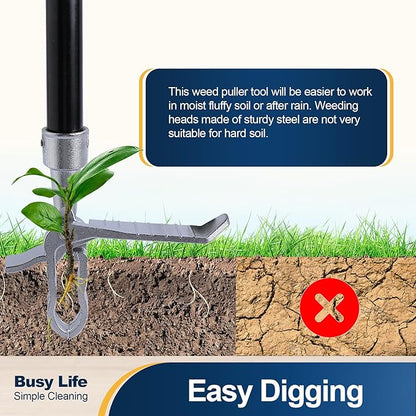 Yocada Stand Up Weed Puller Tool 62.59“ Long Handle 4-Claw Steel Head Design Weeder Stick Easily Remove Weeds Roots Remover for Garden & Lawn Care