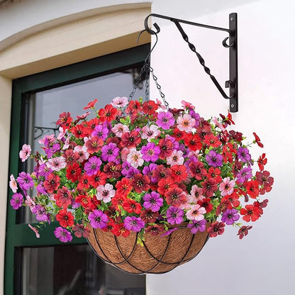 Artificial Silk Flowers Hanging Baskets Outdoors Indoors, Fake Daisy with Eucalyptus Leaves Arrangement for Garden Yard Spring Summer Decor Faux Green Plant(Red Brown Purple Pink)