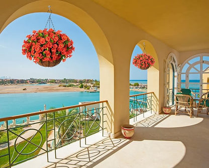 Artificial Fall Hanging Flower Plants with Basket for Summer Autumn Outdoor Decoration, Faux Petunias Flowers Fake Morning Glories Planter for Outside Patio Garden Porch Balcony Yard Decor(Orange)