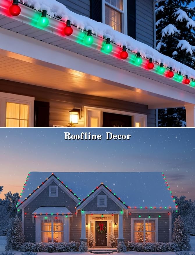 50Ft Outdoor Frosted Red and Green Christmas Lights,LED G40 Globe Patio Christmas Lights with 25 Red and Green Bulbs(2 Spare),Vintage Hanging Light for Tree Garden Porches Xmas Holiday