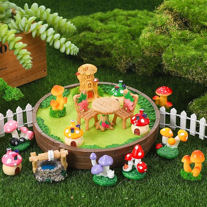 32 Pcs Fairy Garden Accessories Mini Fairy Figures Miniature Table and Chairs Bridge Mushroom Lighthouse Water Well Pond Landscape Ornaments Kit for DIY Garden Potted Desk Decor