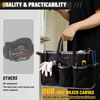 Canvas Tool Tote Bag, Heavy Duty 16oz Waxed Canvas Tool Storage Pouch with 1 Large Compartment & 10 Small Pockets | Multi-Purpose Garden Tool Bag for Horticulturists Mechanics Craftsmen – Black