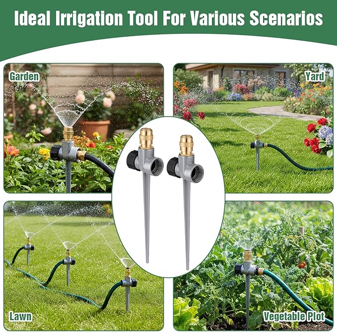 2 Pack Lawn Sprinklers for Yard,360 Degree Rotating Metal Sprinkler,Adjustable Large Area Coverage Brass Nozzle with Aluminum Alloy Spike Base for Small Medium Garden Irrigation