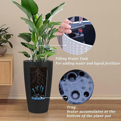 22" Tall Planter Set of 2, Large Self Watering Pots for Indoor/Outdoor Plants with Drain Holes, Water Level Monitor, Inner Bucket for Front Porch Patio, Black Rattan Conical