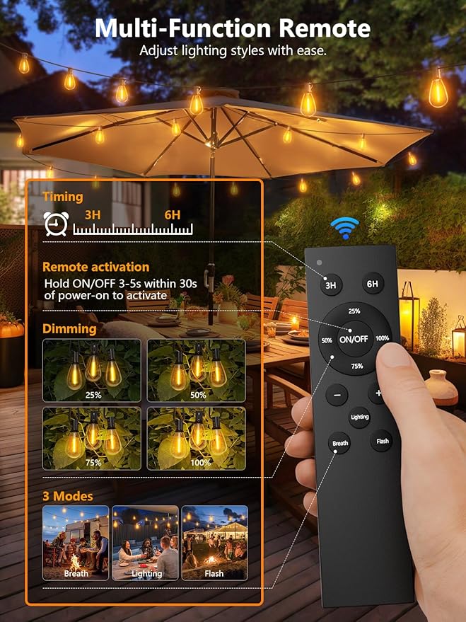 luckystyle 150FT LED Outdoor String Lights with Remote, 55+2 Shatterproof Bulbs Waterproof and Dimmable Patio Lights for Porch, Garden, Backyard, Deck, Balcony, 2700K Hanging Lighting
