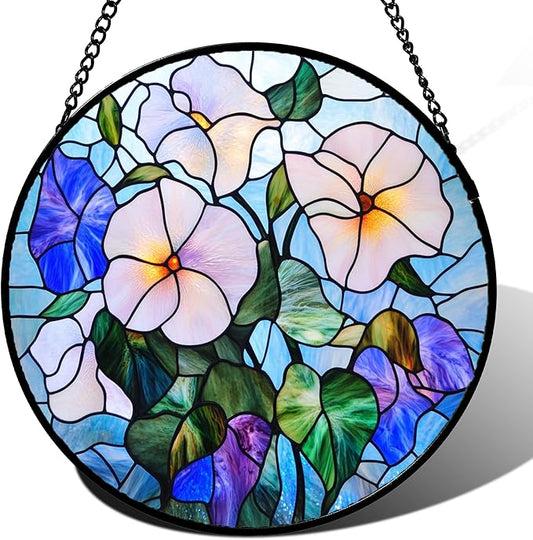 Stained Glass Window Hanging - Morning Glory Flowers Suncatcher for Door Yard Wildflowers Sun Catchers Decor Christmas Mother's Day Birthday Gifts for Women Mom Nana Friend Men 11.8 in