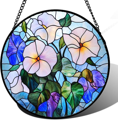 Stained Glass Window Hanging - Morning Glory Flowers Suncatcher for Door Yard Wildflowers Sun Catchers Decor Christmas Mother's Day Birthday Gifts for Women Mom Nana Friend Men 9.8 in