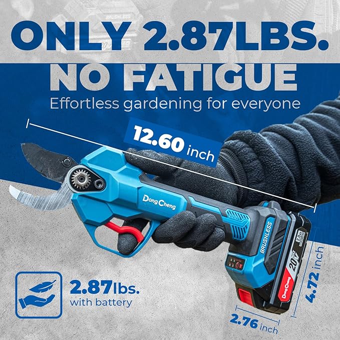 Dong Cheng 20V Brushless Electric Pruning Shears, 4 Cutting Levels up to 35 mm, Professional Brushless Motor, 2.0 Ah Battery, 2 A Charger, SK5 Blade – For Fruit Trees, Gardening