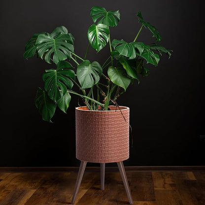 D'vine Dev 14 Inch Modern Geometric Tile Patterned Sleek Planter Pot with Stand, Indoor Outdoor Decorative Plant Holder, Terra Cotta, 88-Z-D-3