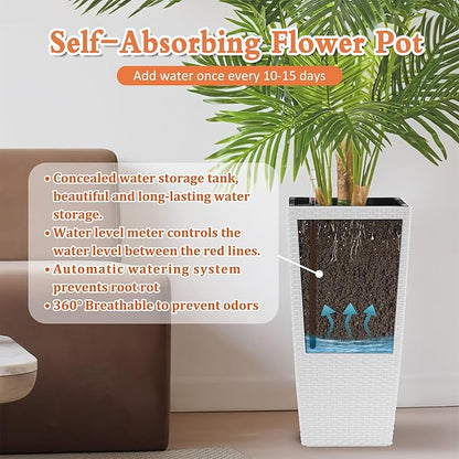 2 Pack Tall Planters for Indoor or Outdoor Plants, Self-Watering Pots with Drain Holes, 22-Inch High Faux Rattan Design Modern Tall Square Planter Box for Porch, Patio, Backyard (Pack of 2, White)