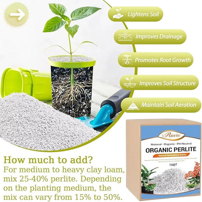Riare 15 Quarts Organic Perlite for Plants - Horticultural Perlite Soil Amendment for Plants Potting Mix, Natural Chunky Perlite Soil Additive Conditioner Improve Root Growth, Drainage and Ventilation