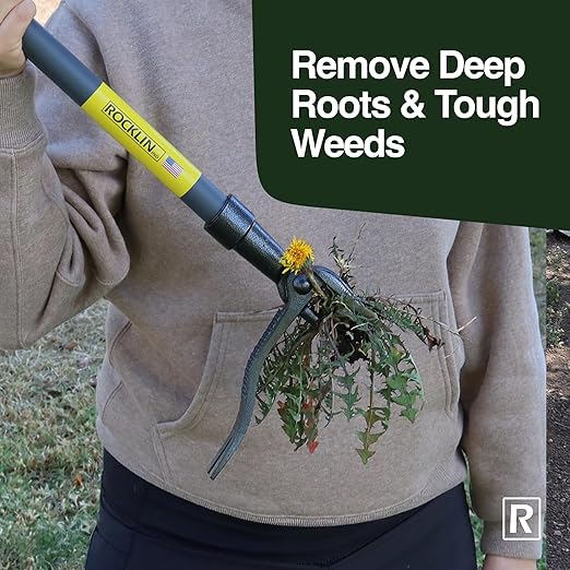 Rocklin™ Stand Up Weed Puller Tool - 4 Claw Steel Head - 48 inch Handle - 100% Metal - Easily Remove Weeds Without Bending or Kneeling WeedPuller