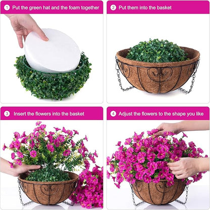 Artificial Fake Hanging Flowers Plants Baskets for Outdoor Spring Summer Decoration, Faux Silk Morning Glory in Planter UV Resistant Realistic for Home Outside Porch Patio Balcony Garden Yard, Fuchsia
