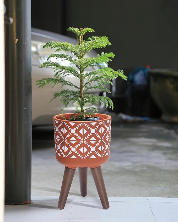 D'vine Dev 8 Inch Planter Pot with Stand, Mid-Century Tall Plant Pot with Legs for Indoor Plants, Pottery Red Terracotta/White, 88-G-A-5