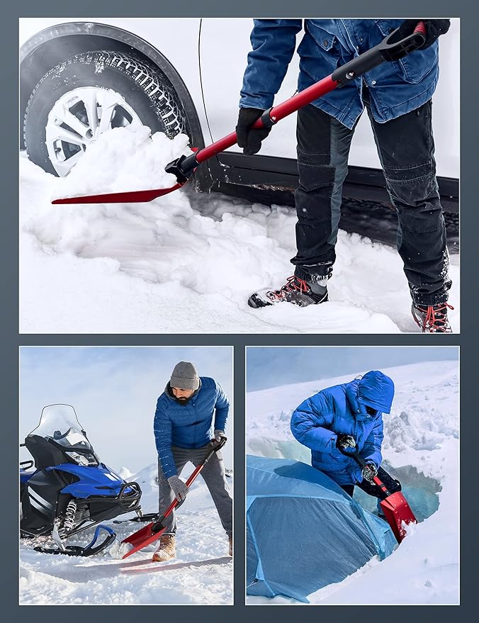 AstroAI 38.4" Foldable Snow Shovel for Car, Retractable Snow Shovel with Thickened Aluminum Handle and Reinforced Iron Hinge, Portable and Multi-Functional for Driveway, Cars, Camping and Slush,Red