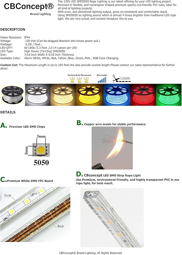 CBConcept UL Listed, 30 Feet, Super Bright 8100 Lumen, 3000K Warm White, Dimmable, 110-120V AC Flexible Flat LED Strip Rope Light, Commercial Grade, Indoor Outdoor use, Ready to plug n shine