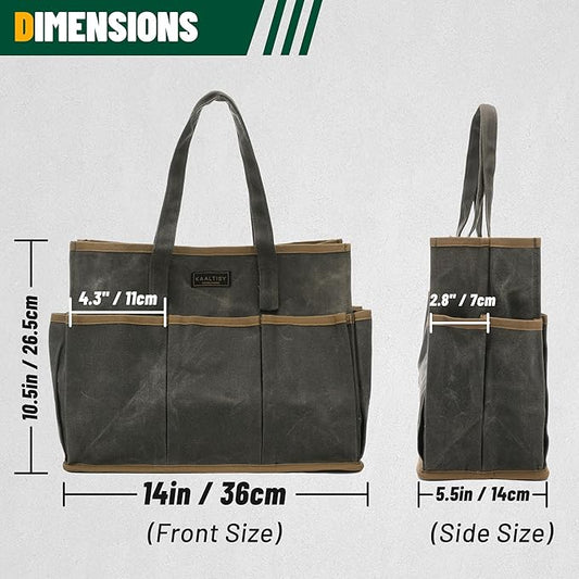 Tool Tote Bag, Heavy Duty 16oz Waxed Canvas Garden Tool Bag | Portable 11-Pocket Tool Storage Bag for Gardener Electrician Contractor Repairman (14"L x 5.5"W x 10.5"H) – Army Green