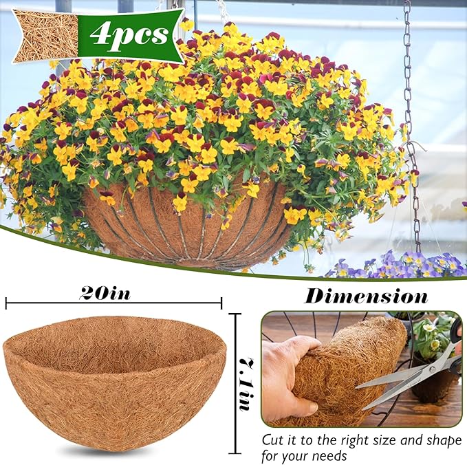 ZeeDix 4 PCS 20 Inch Coco Liners for Hanging Baskets, Round Coconut Liners for Planters Natural Coco Coir Fiber Replacement Liner for Flowers Vegetables Patio Garden Porch Decor
