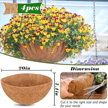 ZeeDix 4 PCS 20 Inch Coco Liners for Hanging Baskets, Round Coconut Liners for Planters Natural Coco Coir Fiber Replacement Liner for Flowers Vegetables Patio Garden Porch Decor