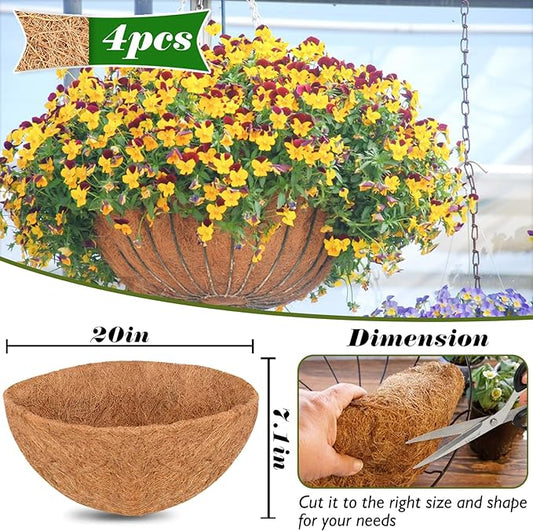 ZeeDix 4 PCS 20 Inch Coco Liners for Hanging Baskets, Round Coconut Liners for Planters Natural Coco Coir Fiber Replacement Liner for Flowers Vegetables Patio Garden Porch Decor