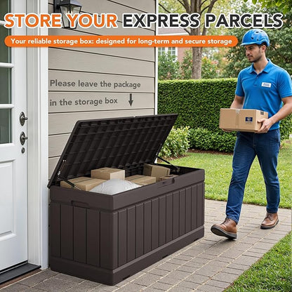 78 Gallon Deck Box Outdoor Indoor Waterproof Storage Box for Patio Furniture, Pool Accessories, Garden Tools, and Cushion Storage, Brown