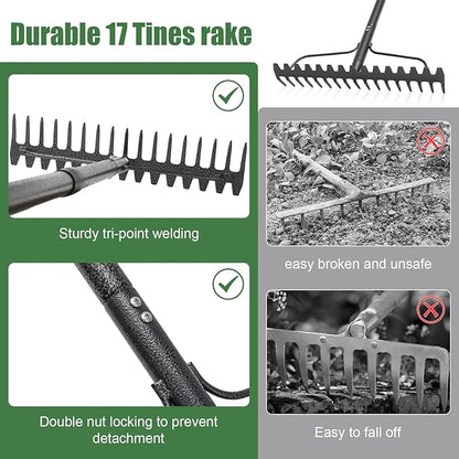 63'' Bow Rake ，17 Tines Metal Head Rakes with Stainless Steel Handle，Heavy Duty Garden Rakes for Loosening Soil Gathering Leaf Leveling Lawn Farming Land Management Yarn Thatch