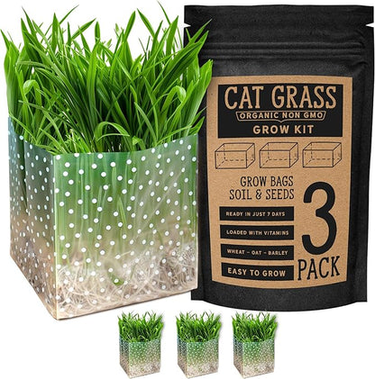 Organic Cat Grass Kit 3 Pack - Polkadot Grow Bags for Indoor Cats | Non GMO Mixed Heirloom Seeds | Wheatgrass - Oat Grass - Barley Grass Blend