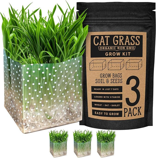 Organic Cat Grass Kit 3 Pack - Polkadot Grow Bags for Indoor Cats | Non GMO Mixed Heirloom Seeds | Wheatgrass - Oat Grass - Barley Grass Blend