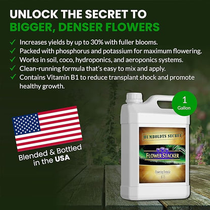 Humboldts Secret Flower Stacker | 0-7-5 Bloom Booster with Vitamin B1 | High Phosphorus Potassium Flowering Nutrients | Potting Soil Hydroponics Coco | Indoor & Outdoor Plants | 1 Gallon