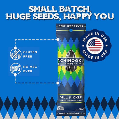 Chinook Seedery Low Sodium Sunflower Seeds – Dill Pickle Flavor, Pack of 36, 1.5oz – Sunflower Seeds to Eat – Keto, Jumbo, Roasted, Baseball Snacks