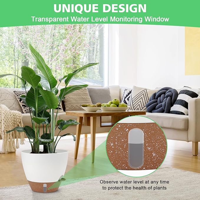 Self Watering Planter Set with Visual Water Level, 6Pack Small Plastic Pot with Drainage Holes and Reservoir Saucers, Modern 8+7+6.5+6+5.5+5 Inch Bottom Watering Flower Pots for Indoor Plant - White