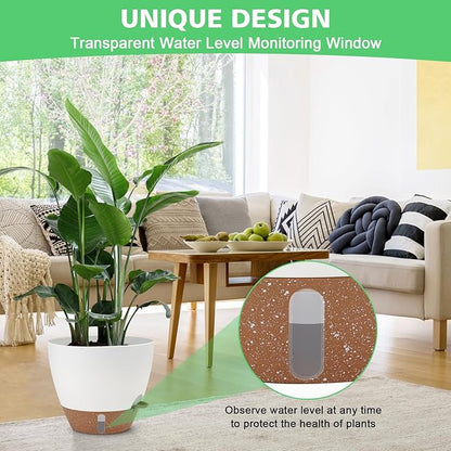 Self Watering Planter Set with Visual Water Level, 6Pack Small Plastic Pot with Drainage Holes and Reservoir Saucers, Modern 8+7+6.5+6+5.5+5 Inch Bottom Watering Flower Pots for Indoor Plant - White