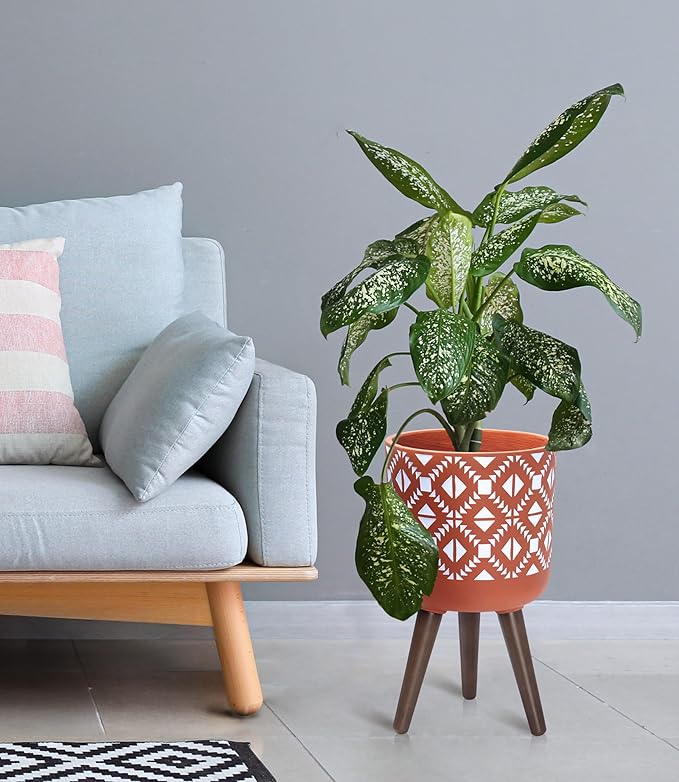 D'vine Dev 10 Inch Planter Pot with Stand, Mid-Century Tall Plant Pot with Legs for Indoor Plants, Pottery Red Terracotta/White, 88-G-B-5