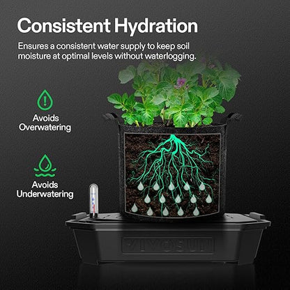 VIVOSUN 4-Pack FlexFeed Self-Watering Pots with Grow Bags, Auto Irrigation Fabric Pot Base with Water Meter & Maintenance Window, for Use Indoors/Outdoors in Grow Tents, Greenhouses, Gardens