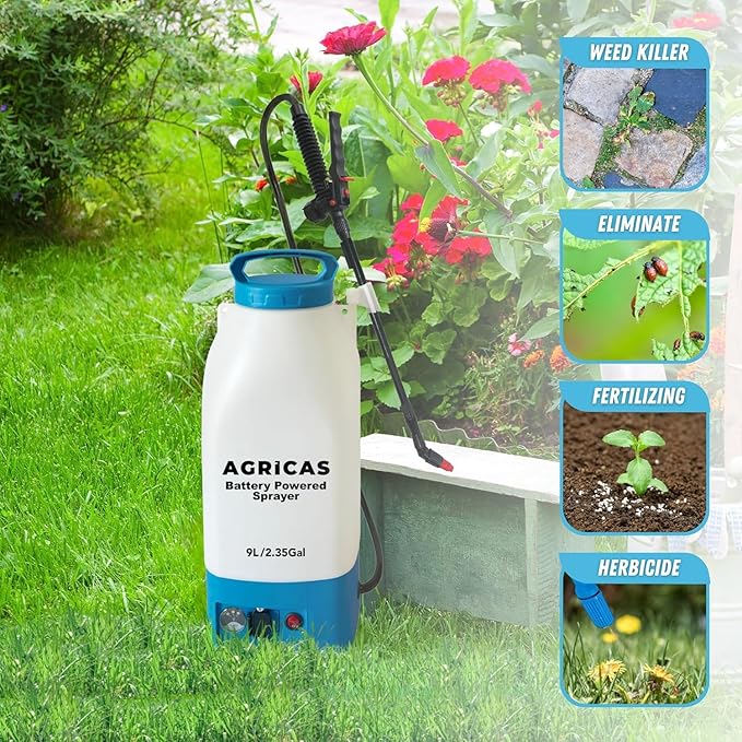 Battery Powered Sprayer 2.35 Gallon, Electric Garden Sprayer for Weed/Pest Control, 6 Nozzles, 50 PSI Pressure, Telescopic Wand, Shoulder Strap, Long-Lasting 12V Battery