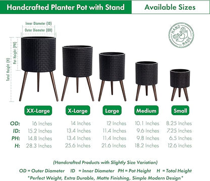 D'vine Dev 12 Inch Modern Geometric Tile Patterned Sleek Planter Pot with Stand, Indoor Outdoor Decorative Plant Holder, Distressed Black, 88-Z-C-5