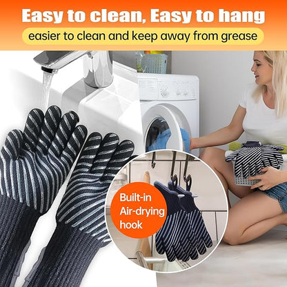 HandLove BBQ Gloves, Oven Gloves with Fingers –1472℉ Heat Resistant Gloves for Grilling | Aramid Retardant Non-Slip Grip, Long Cuff Mitts, Black,L