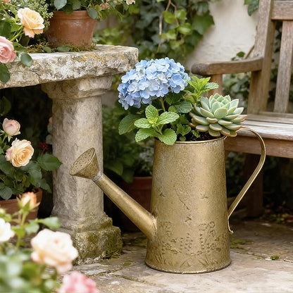 Vintage Distressed Gold Flower & Garden Watering Can, Decorative Metal Watering Pot Planter for Home Patio Backyard Outdoor Plant Care, Rustic Farmhouse Home Decor Accent