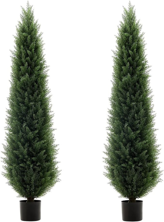 5 ft Artificial Cedar Topiary Trees, 2 Pack Uv Resistant Faux Outdoor Plants, Front Door Cypress Tree Decor Outdoor Entrance, Tall Fake Outside Plants, Evergreen Arborvitae Plastic Indoor Plant