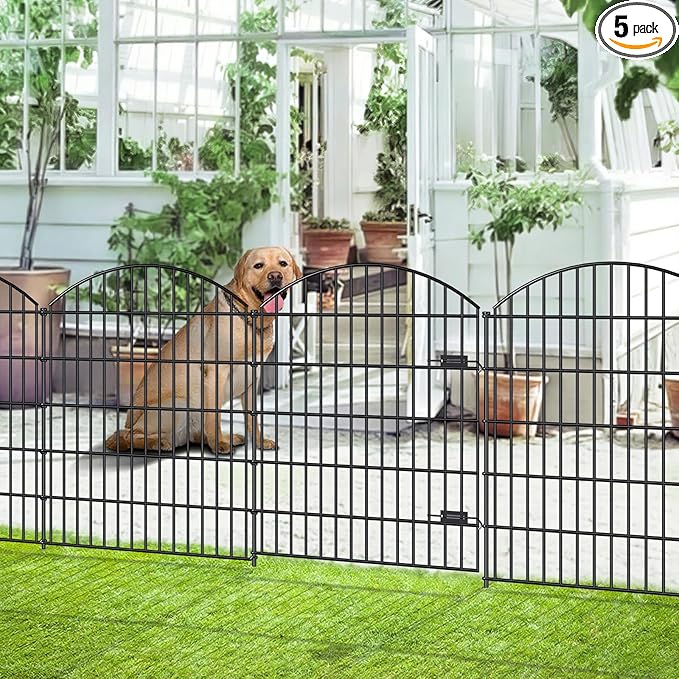 Metal Garden Gate and Fences Outdoor ECG1191, 1 Gate + 4 Fence Panels,43.2in Tall and Total Length 14.75ft, Heavy Duty Fencing for The Yard Privacy Temporary Animal Barrier for Dog, Black