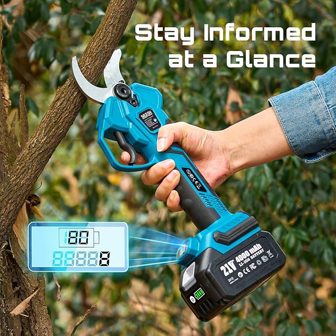 SEESII Electric Pruning Shears Cordless: 1.6" Cutting Diameter Power Pruner - 2 Pcs 4.0Ah Batteries, Brushless Motor, Extra SK5 Blade, 4 Modes Adjustable Branch Cutter for Tree Flower Trimming