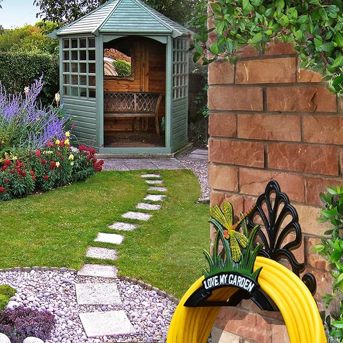 Decorative Garden Hose Holder, Hose Hanger, Heavy Duty Cast Iron Garden Yard Water Pipe Holds, Wall Mounted Hose Butler, Hose Rack Reel, 50FT 75FT 100FT Water Hose Bulter Storage (Dragonfly)