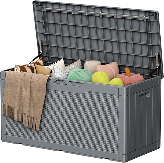 105 Gallon Deck Box Outdoor Indoor Waterproof Storage Box for Patio Furniture, Pool Accessories, Garden Tools, and Cushion Storage, Gray