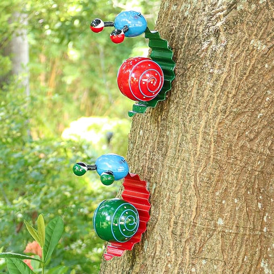Metal Garden Decor Cute Snail Yard Art Outdoor Lawn Patio Ornament Fence Decorations for Outside - Set of 2(Red,Green)